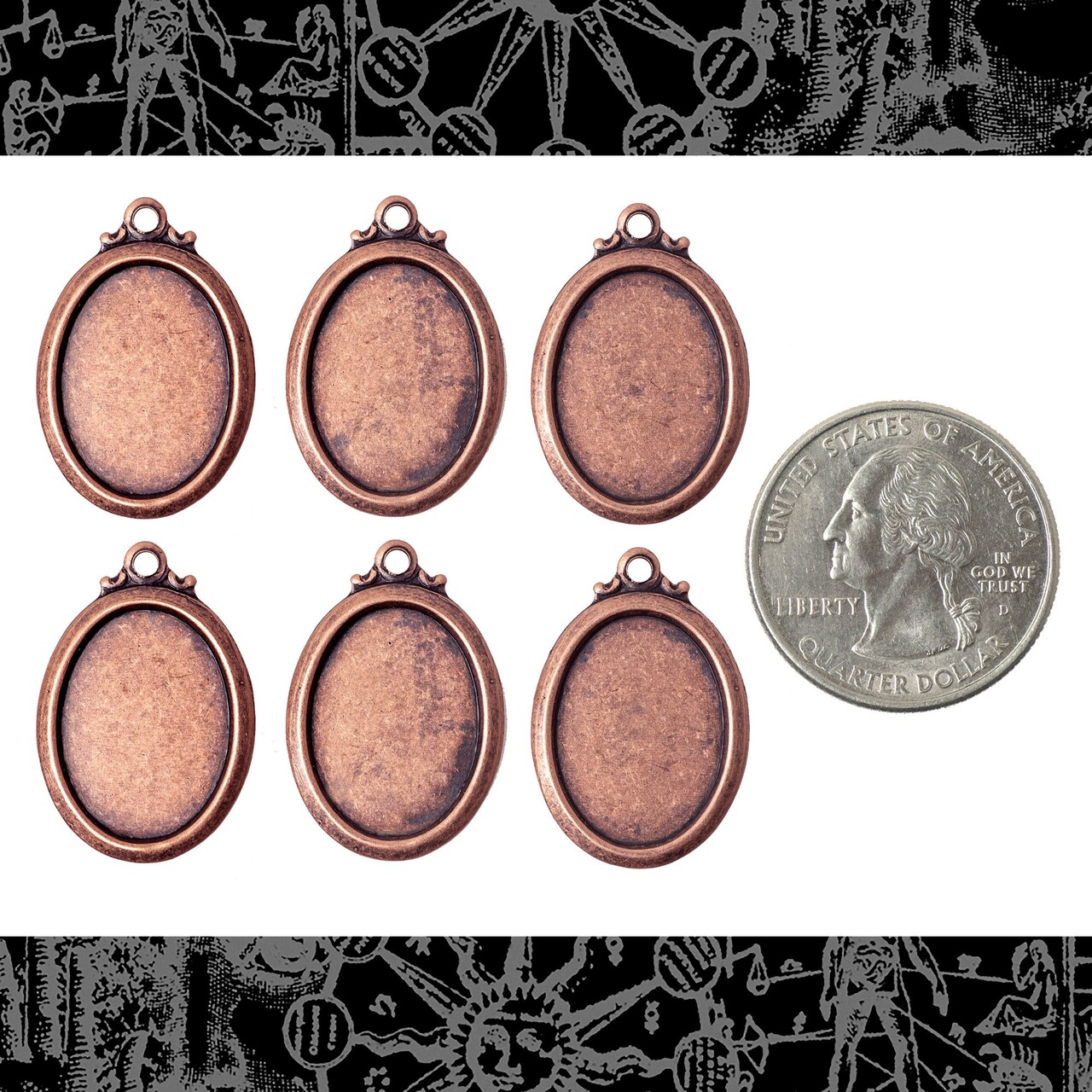 Vintage Simple Antiqued Copper Plated Brass Cameo Frames for 13mm x 18mm - Set of Six - C-F11